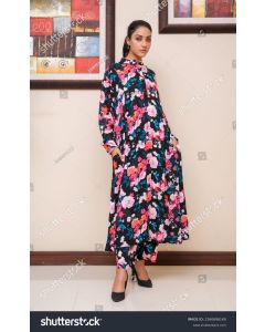 Orange Chinon Digital Print and Embroidered Work Palazzo Salwar Kameez